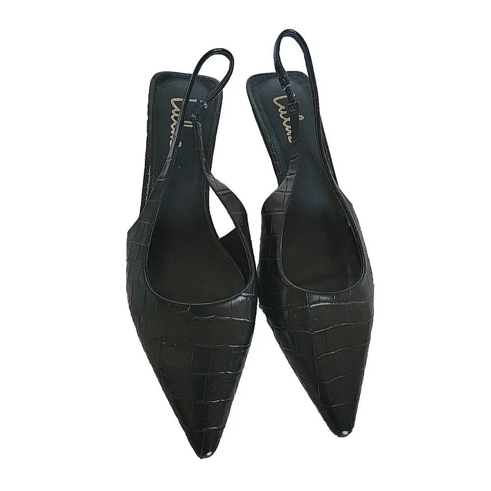 Lulus Boden Black Croc-embossed Kitten Heel Slingback Pumps - Size 9 - Picture 2 of 10
